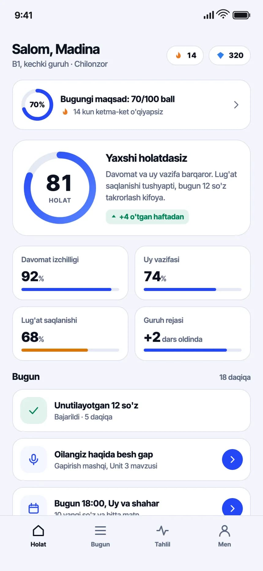 Ilmus O'quvchi ilovasi: o'quvchining holat kartasi, davomat va uy vazifasi foizi.